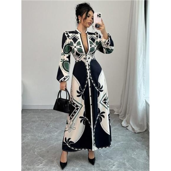 Variété Boutique Dresses & Skirts - Women Elegant Paisley Print V-Neck Lantern Sleeve Cinched Waist Dress